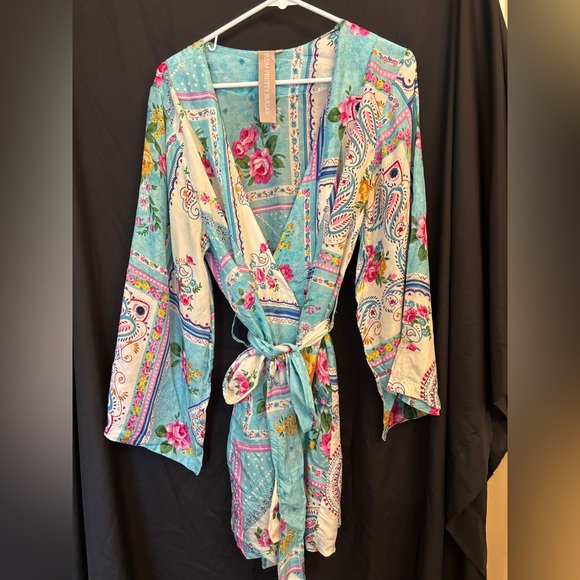 Plum Pretty Sugar Blue and Pink 100% Silk Short Robe Women’s XL - Picture 3 of 12